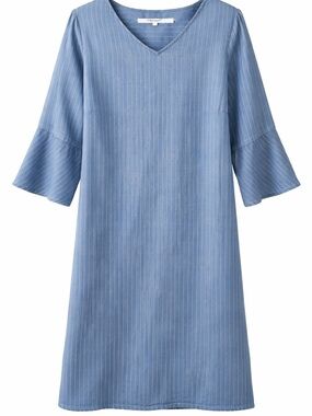 Foxcroft Blue Pinstripe V-Neck Shift Dress with 3/4 Bell Sleeves.